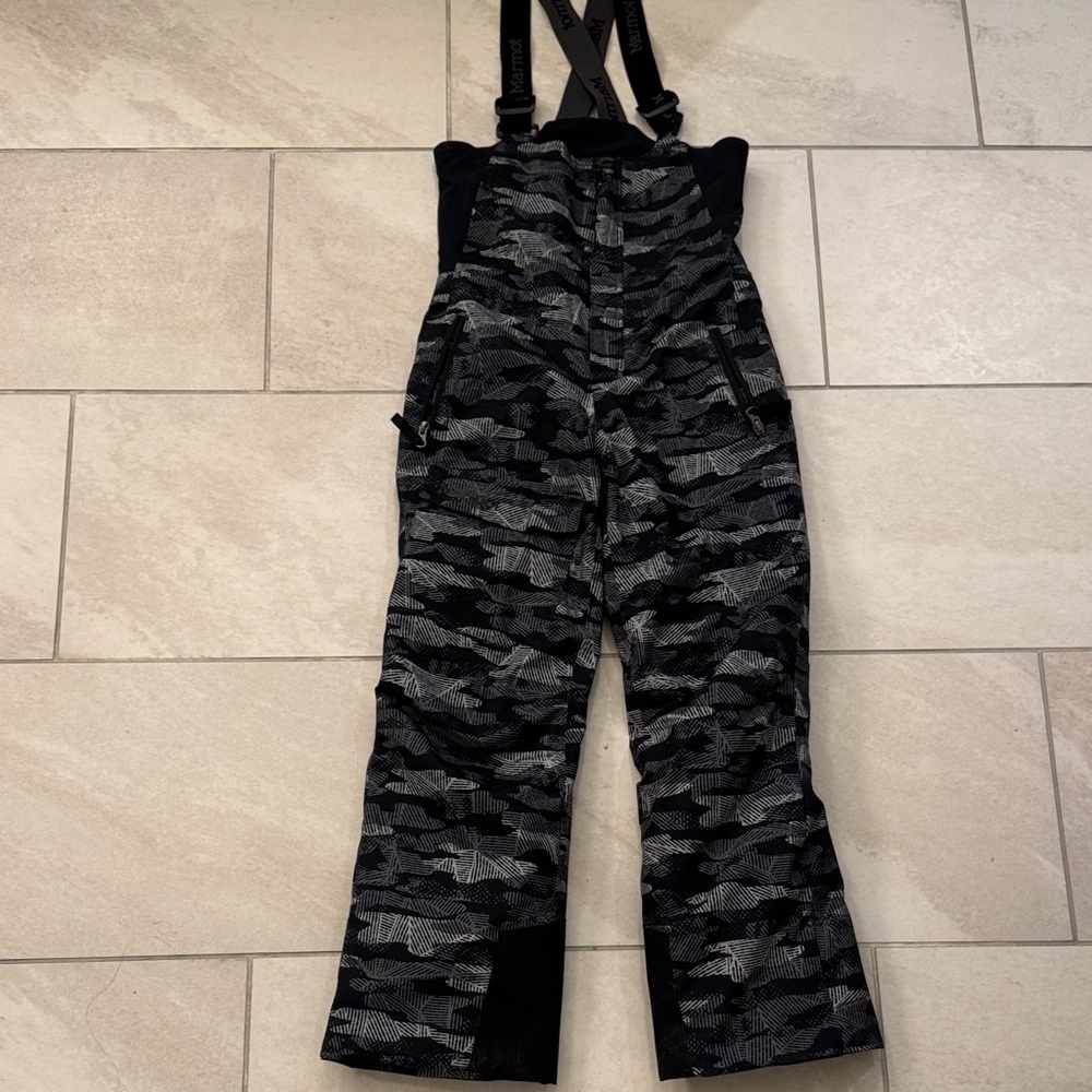 Marmot Kids Black Gray Camo snowpants  ski snowboard Overalls L -